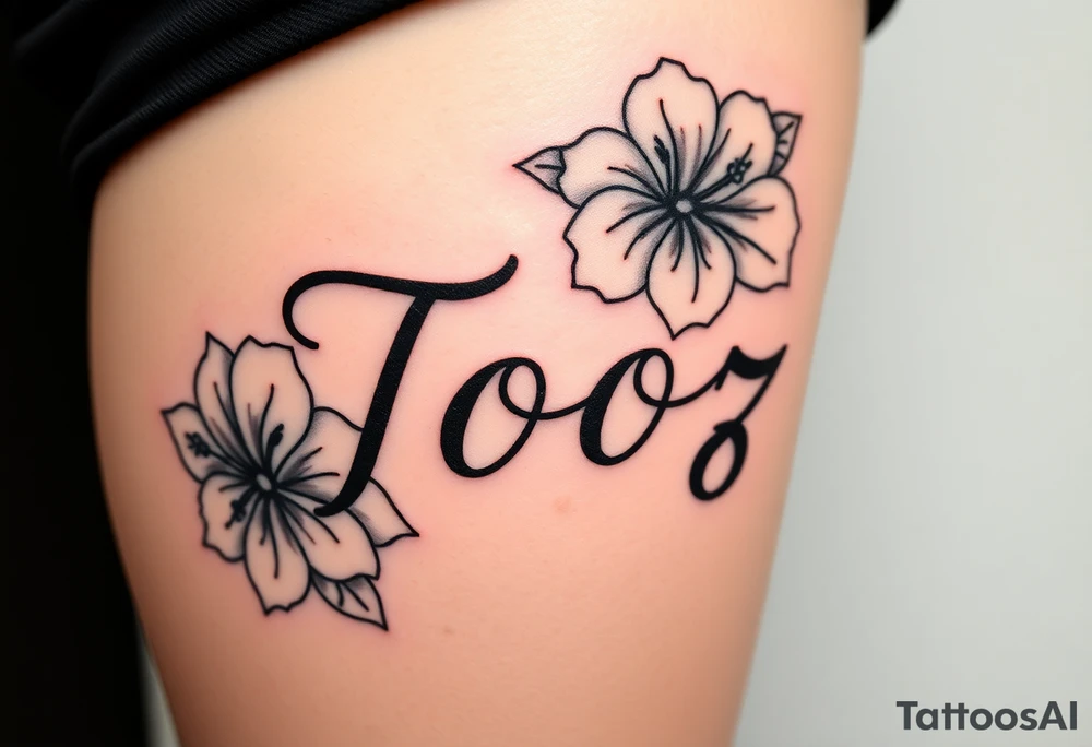 Tooz in cursive surrounded by large hibiscus flowers tattoo idea