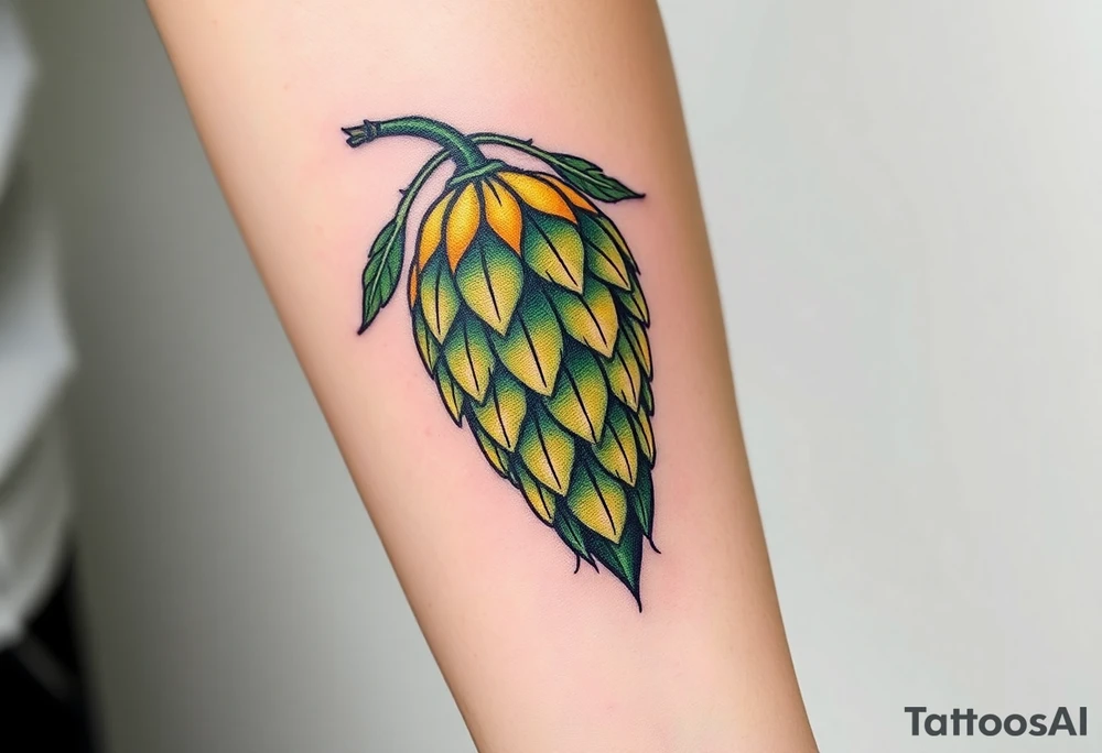 A detailed hop cone with deep green and golden hues, wrapped in barley stalks, symbolizing the essence of brewing tattoo idea