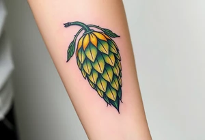 A detailed hop cone with deep green and golden hues, wrapped in barley stalks, symbolizing the essence of brewing tattoo idea