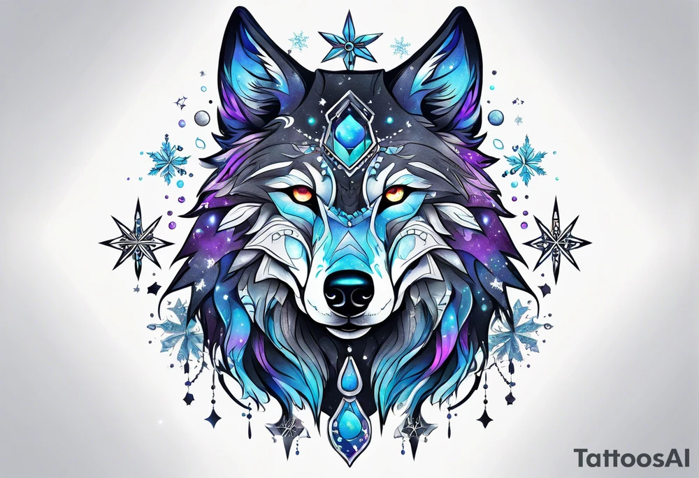 Constellation, animal alien wolf, snowflake tattoo idea