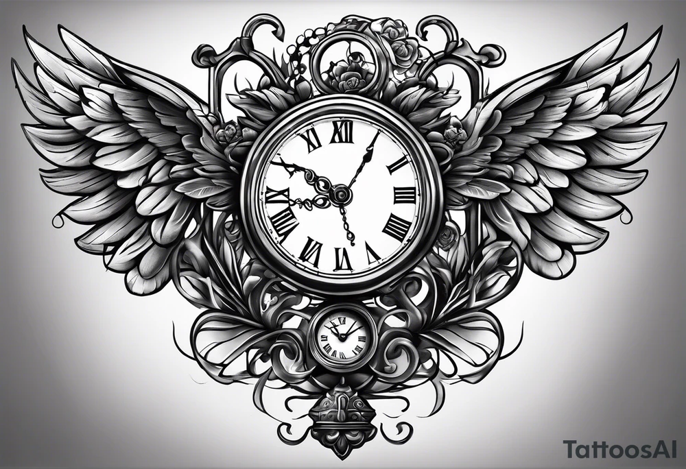 Caduceus with clock at 4:09 and remember to live in latin tattoo idea
