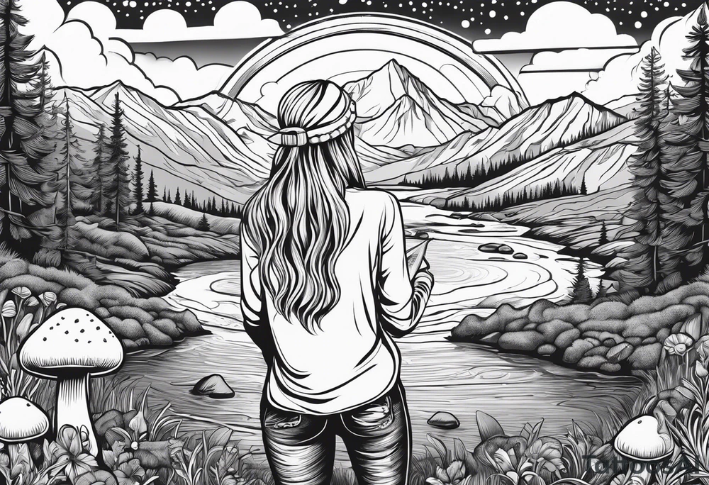 Whole picture encircled fully

Straight long blonde hair hippie girl in distance holding mushrooms in hand facing away toward mountains and creek surrounded by mushrooms long sleeve shirt and hiking pants; whole rendering within a full circle, no cut off circle tattoo idea