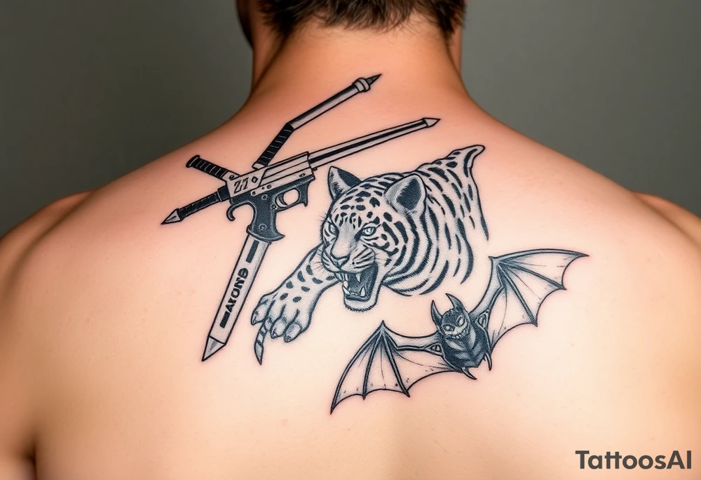 Tattoo design featuring Kuwabaras spirit Sword, Yusukes spirit gun, Toradoras palm top tiger, and the Demon devil bat tattoo idea