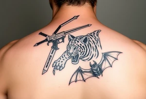 Tattoo design featuring Kuwabaras spirit Sword, Yusukes spirit gun, Toradoras palm top tiger, and the Demon devil bat tattoo idea