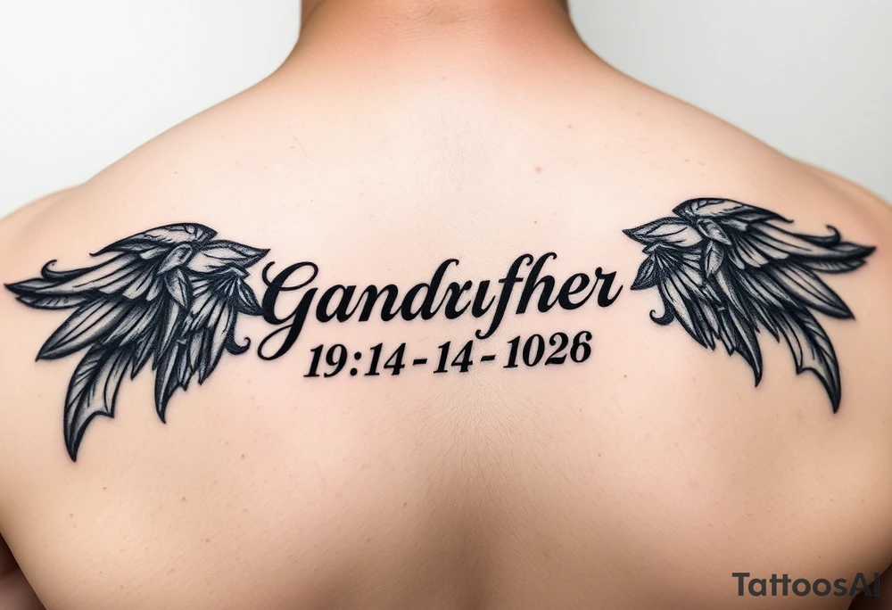 A Small tattoo , on the shoulder traps , representing grandfather and date of death, could be in German tattoo idea