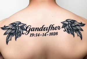 A Small tattoo , on the shoulder traps , representing grandfather and date of death, could be in German tattoo idea