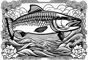 a majestic salmon surrounded by japanese elements tattoo idea