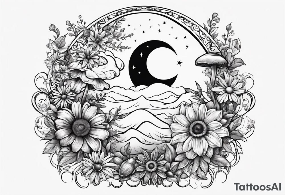 Crescent moon muschrooms and daisy’s tattoo idea