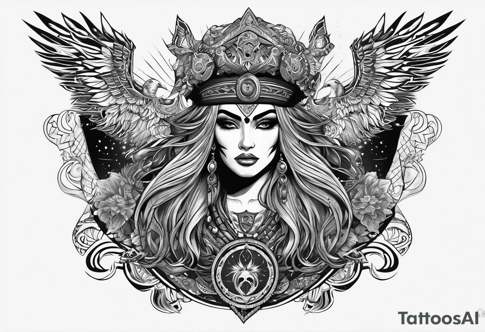 black kali, goddess pirate, alien, pachamama, valkrye, warrior, skull, lotus azul, wing, eagle, zenza resonance, stars, 5D tattoo idea