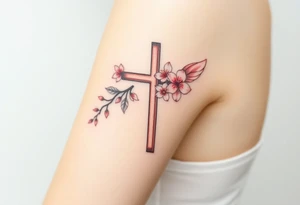 A cross with cherry blossoms growing along its frame, with delicate pink and white feathery wings tattoo idea