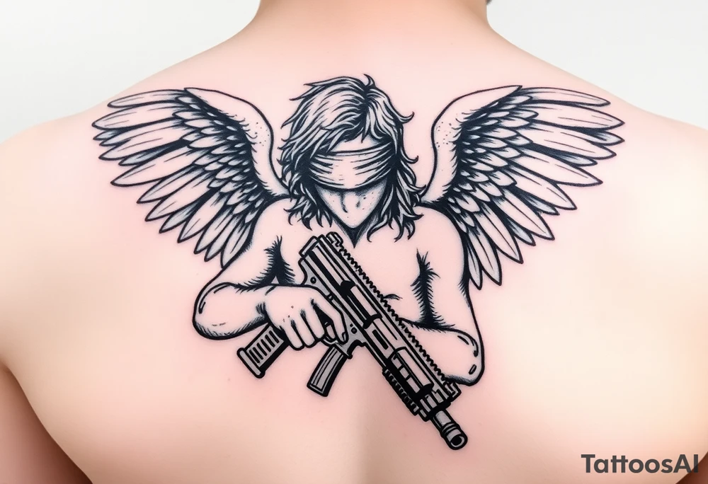 Angel blindfolded holding draco gun tattoo idea