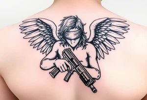 Angel blindfolded holding draco gun tattoo idea
