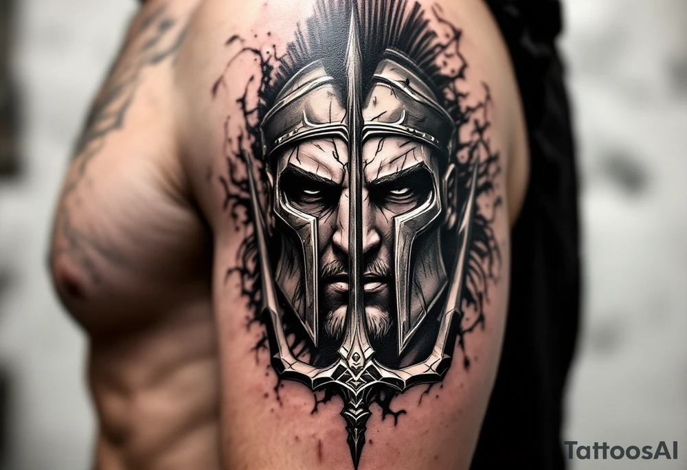 close-up spartan face behind trident tattoo idea