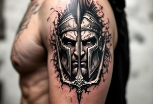 close-up spartan face behind trident tattoo idea