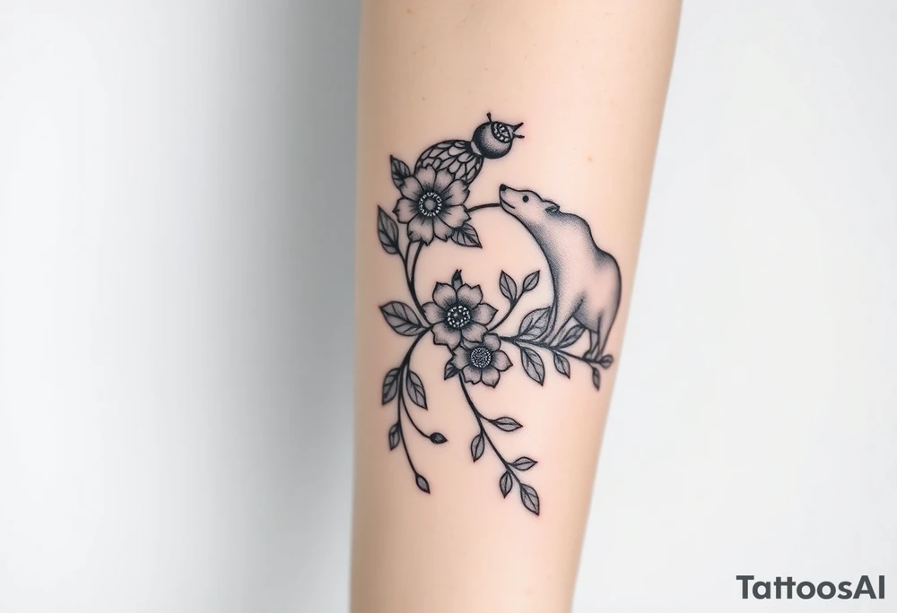 flowers on the vine. Include a snail, turtle, fox, and bear tattoo idea