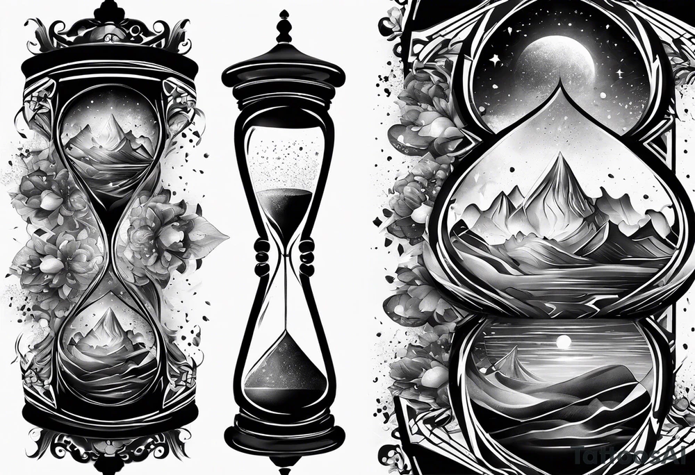 Hourglass, cosmic dust exploding from the top and bottom of the hourglass. Long tattoo to fit on the forearm, masculine tattoo idea