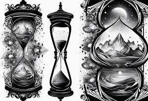 Hourglass, cosmic dust exploding from the top and bottom of the hourglass. Long tattoo to fit on the forearm, masculine tattoo idea