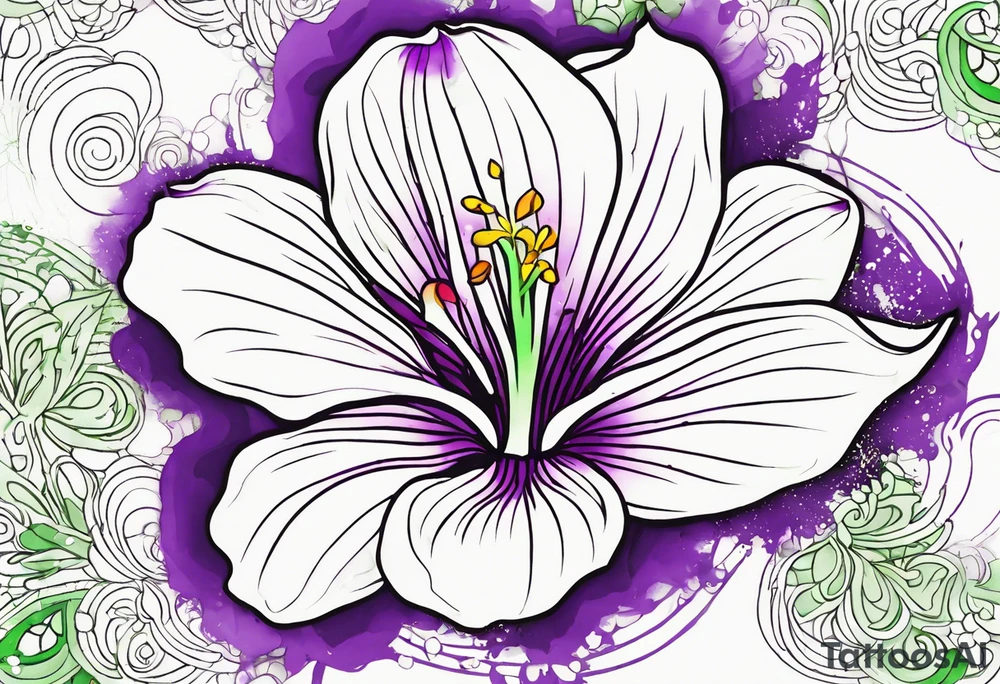 An outline of a rio dipladenia flower with a green and purple watercolor splash in the background tattoo idea