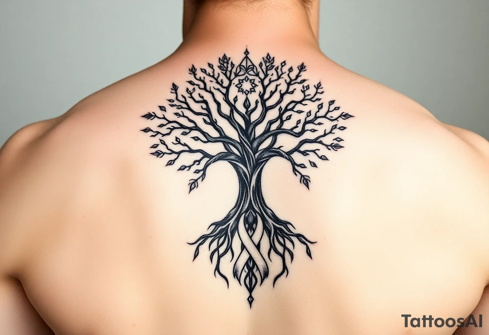 geometrical mystical tree of life with cosmic roots and celestial branches with HIV-positive symbol tattoo idea