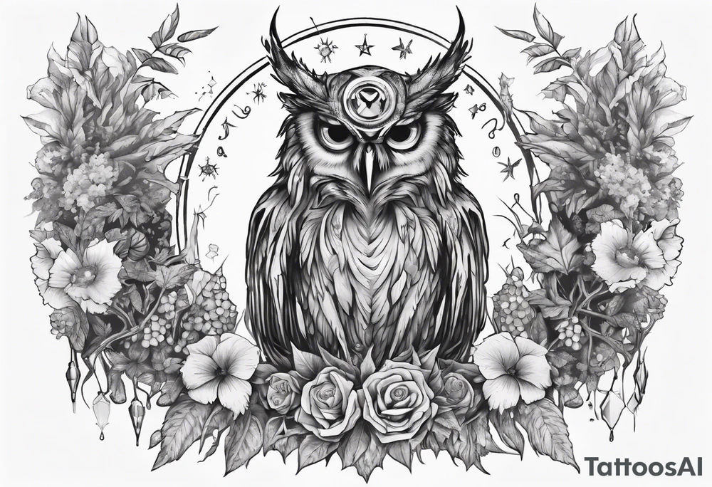 Demon crowned Owl surrounded by poisonous plants, crystals and astrology. tattoo idea