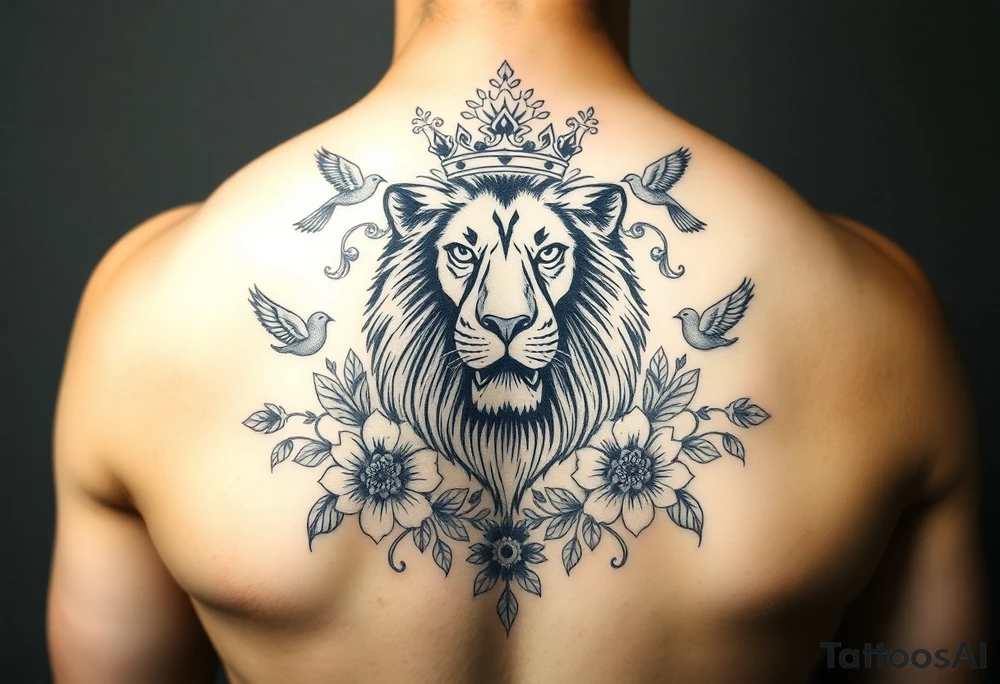 powerful majestic lion with a crown, surrounded by floral ornaments and birds tattoo idea