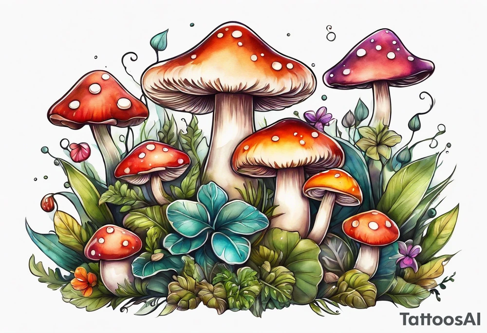 Happy mushroom surrounded by smaller plants tattoo idea