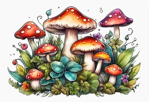 Happy mushroom surrounded by smaller plants tattoo idea
