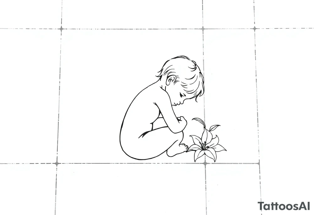 A simple tile floor with a minimalist outline of a curled up child sitting on the floor with a lily next to her tattoo idea