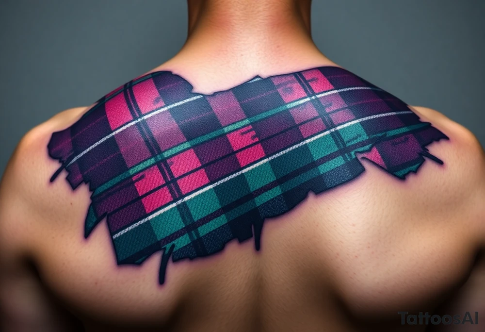 Tattoo on shoulder Dark Purple with green pink blue and white highlights tartan fabric 
with skin ripping away at edges tattoo idea