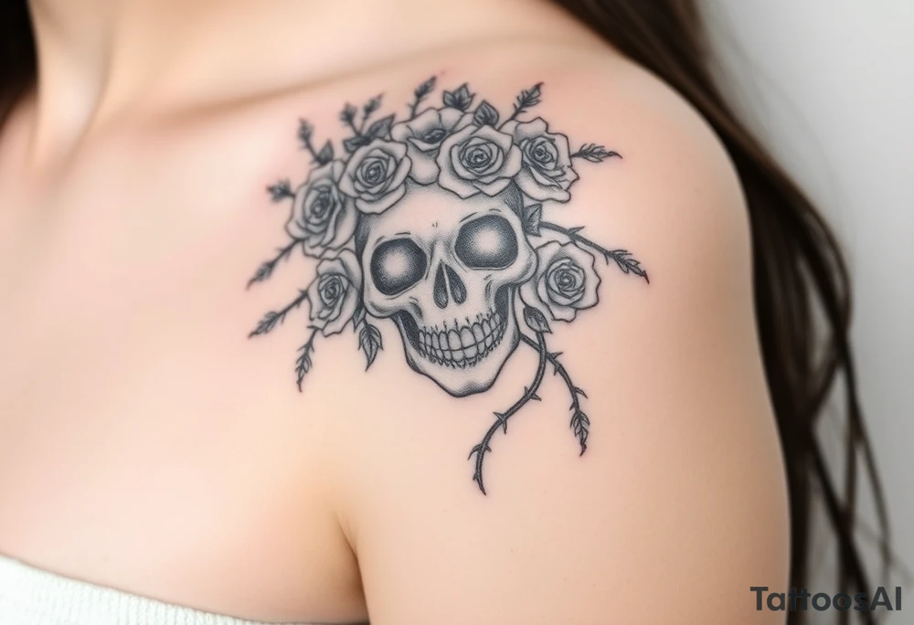 ornate skull adorned with crown of wild roses and thorns tattoo idea