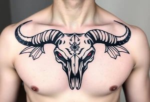 Abstract looking angry taurus skull chest tattoo with red eyes tattoo idea