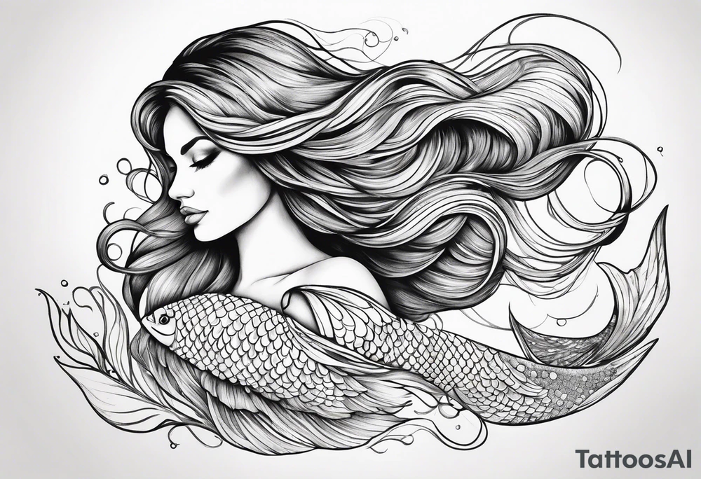 sexy goddess mermaid with flowing hair and long flowing tail with scales tattoo idea
