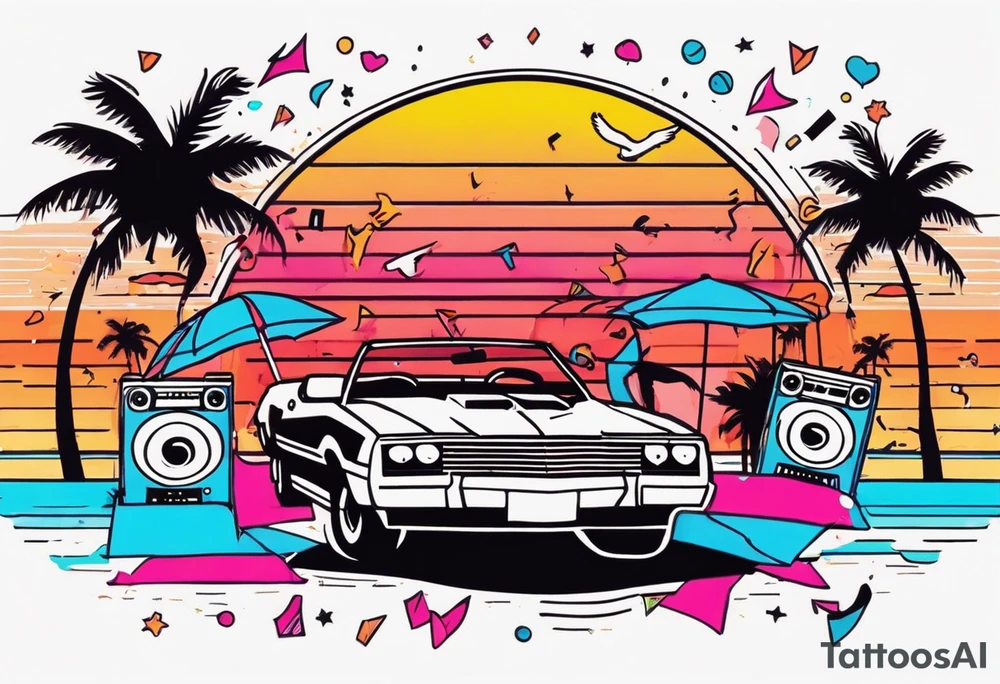 1980's miami vice style beach dance 
party, include confetti, music notes, boom box, bikinis sunset in the center tattoo idea