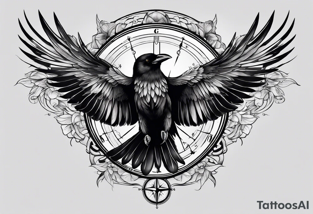 flying crow with compass and two wings tattoo idea