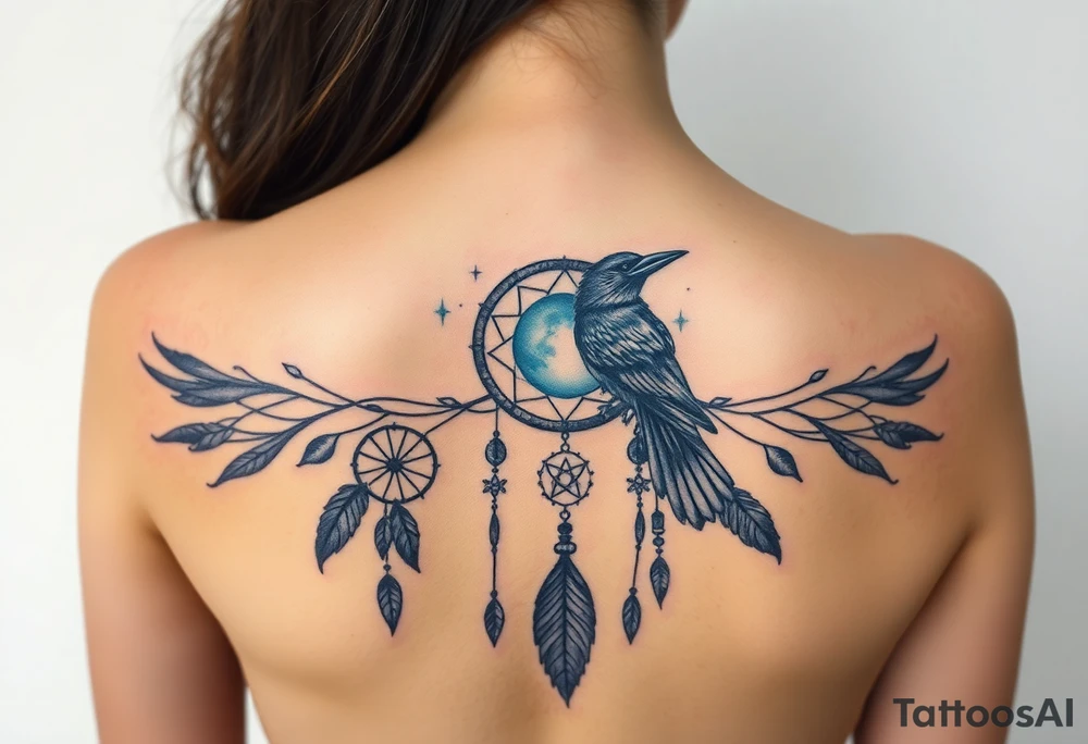 Raven dream catcher milky way moon shooting star tattoo idea