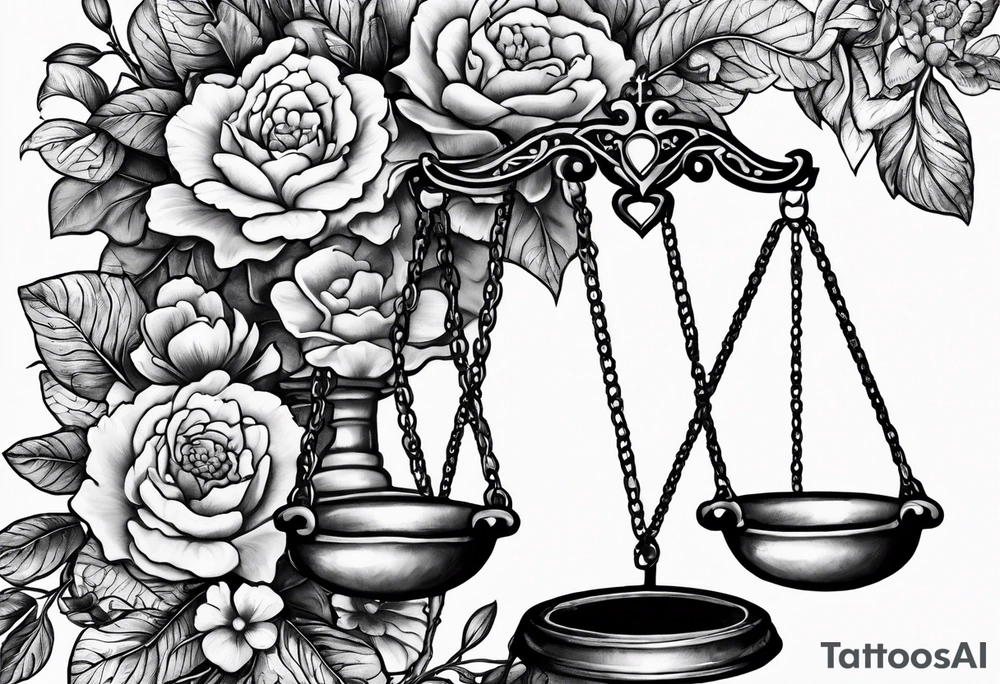 Scales of justice with flowers and a brain and anatomical heart in the scales tattoo idea