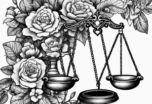 Scales of justice with flowers and a brain and anatomical heart in the scales tattoo idea