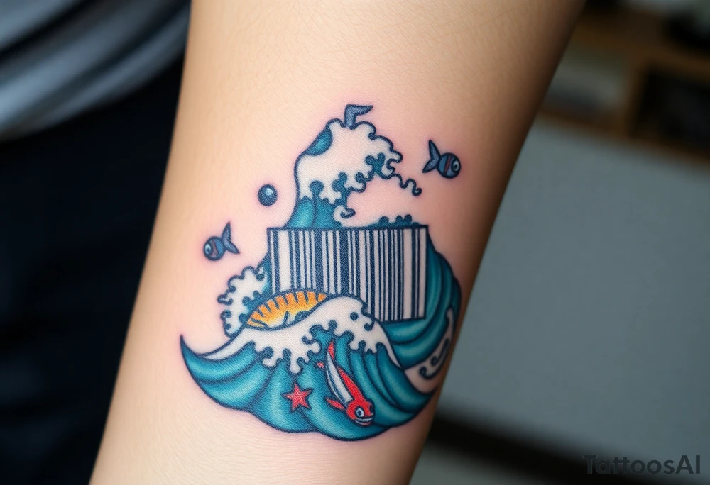 A barcode that seamlessly blends into high ocean waves with other sea life creatures tattoo idea