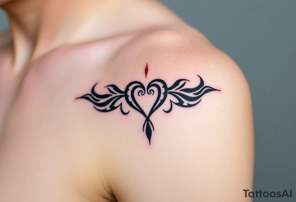 A bold tribal-style infinity symbol with sharp geometric patterns and heart, in black ink with subtle red accents tattoo idea