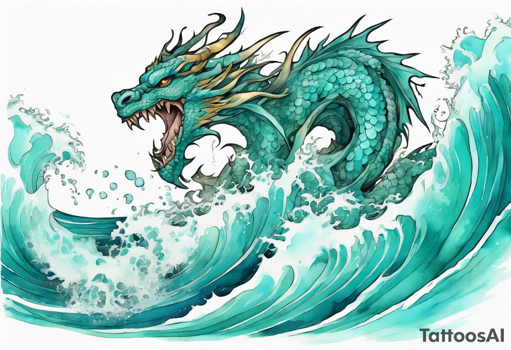 a pretty turquoise luck dragon emerging from an ocean wave, crashing onto the shore tattoo idea