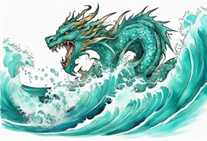 a pretty turquoise luck dragon emerging from an ocean wave, crashing onto the shore tattoo idea