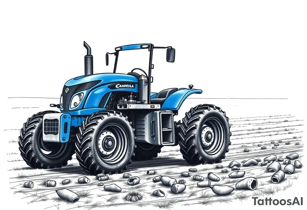 A detailed blue tractor with headlights glowing, standing proudly on a freshly tilled farm field. tattoo idea