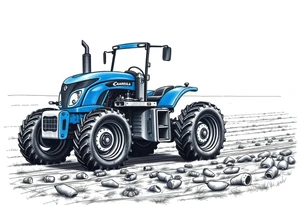 A detailed blue tractor with headlights glowing, standing proudly on a freshly tilled farm field. tattoo idea