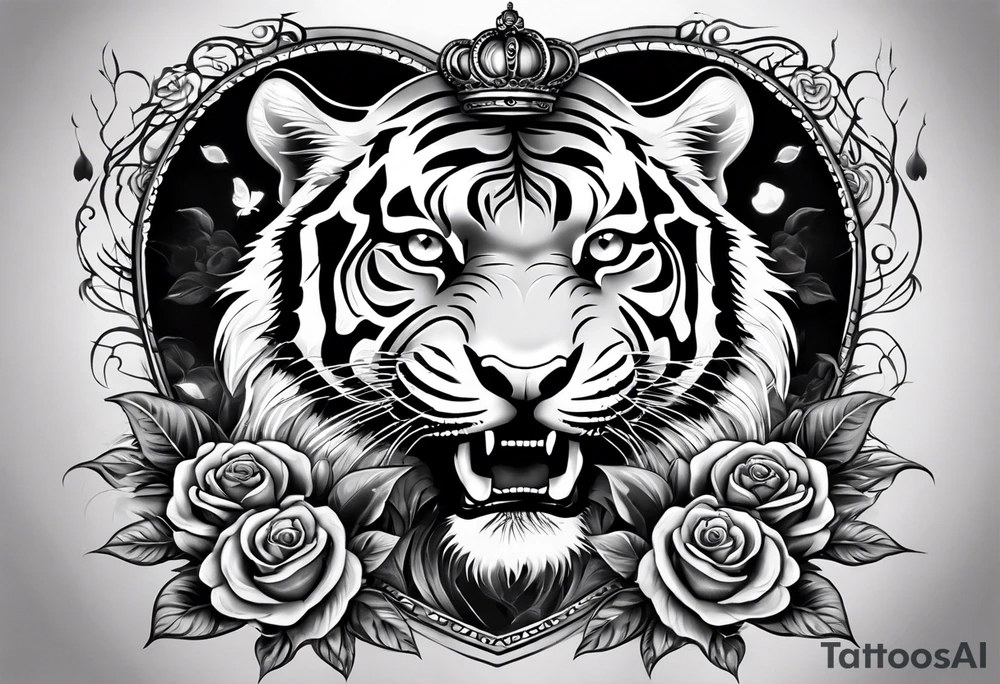 tiger with a crown and third eye with a hour glass instead the hour glass brain cover in in clouds and a heart cover in grass and roots with roses and smoke all over the arm tattoo idea