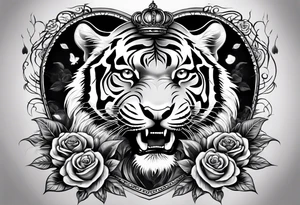 tiger with a crown and third eye with a hour glass instead the hour glass brain cover in in clouds and a heart cover in grass and roots with roses and smoke all over the arm tattoo idea