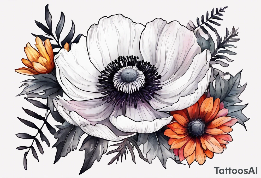 a white anemone with black center with thistles, ferns, sun flowers, red flowers, pink flowers, orange flowers, yellow flowers in watercolor tattoo idea