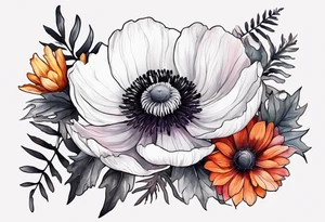 a white anemone with black center with thistles, ferns, sun flowers, red flowers, pink flowers, orange flowers, yellow flowers in watercolor tattoo idea
