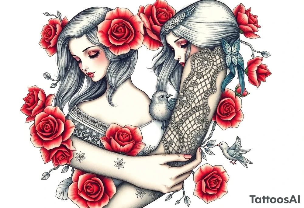 Vintage dollies, red roses, lace, red bird, close together, very vintage tattoo idea