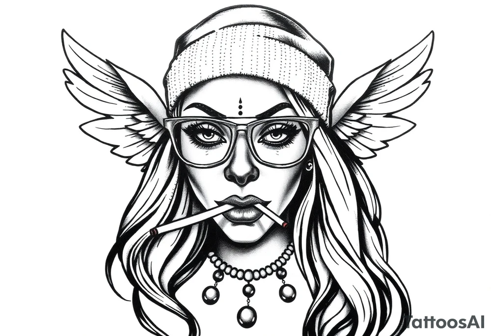 beautiful long hair pin up Clown face Girl payasa  thug beanie eyeglasses  angelic wings smoking a cigarette tattoo idea