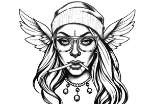 beautiful long hair pin up Clown face Girl payasa  thug beanie eyeglasses  angelic wings smoking a cigarette tattoo idea